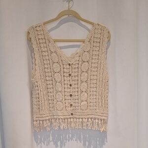 Rebellion Again Crochet Fringe Button-Front Boho Vest - Cream Size XS
